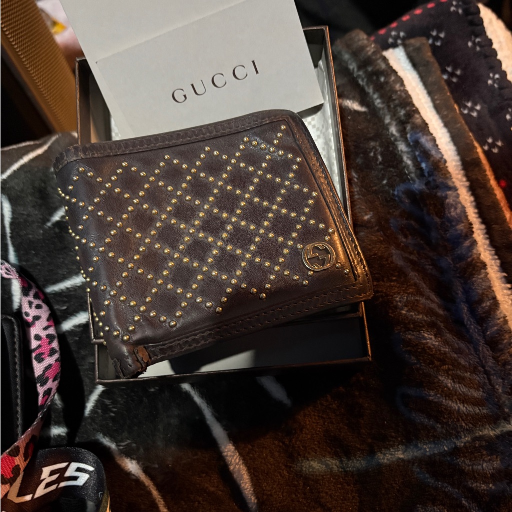Gucci Dark Brown Leather Card Holder With Gold Accents